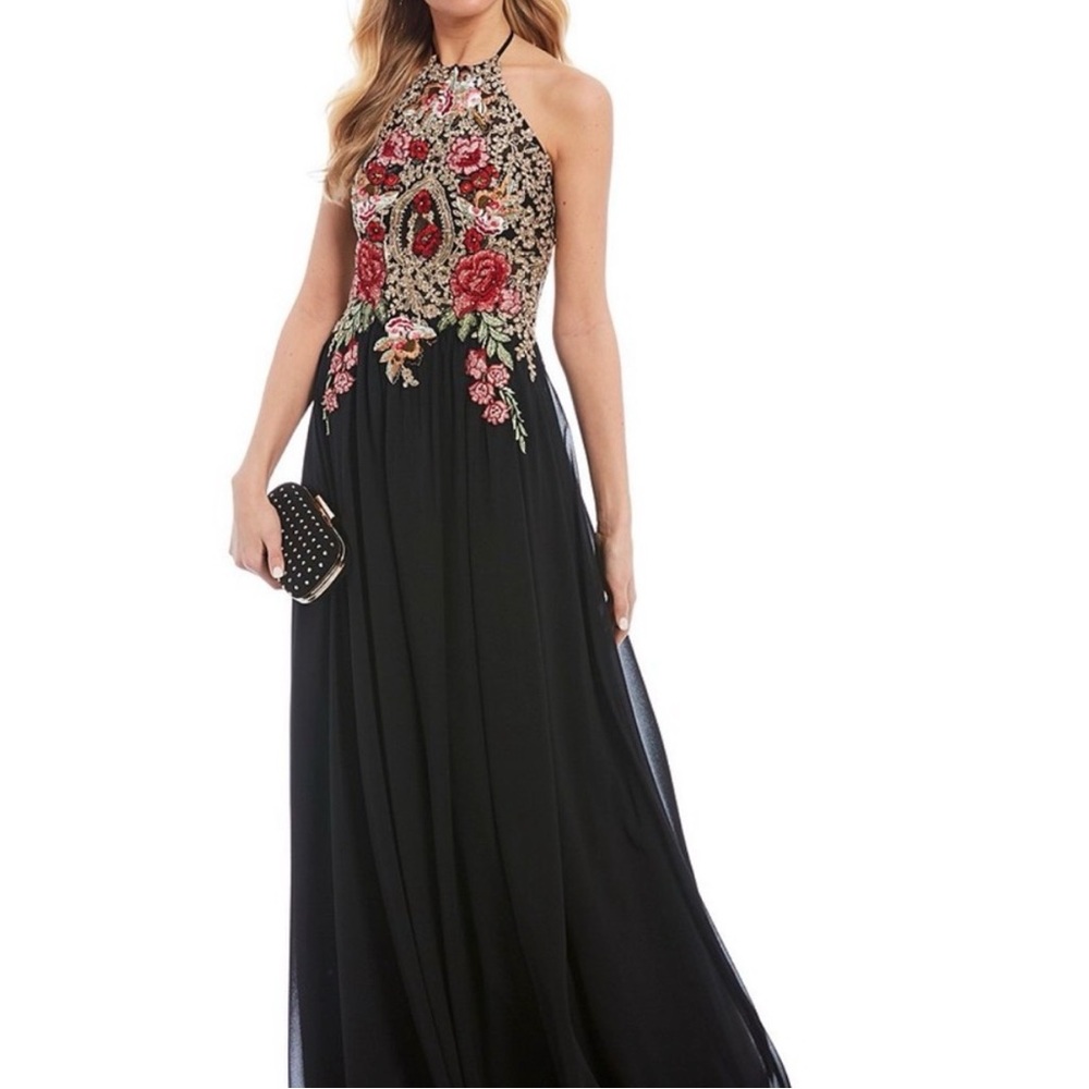 Elegant Black Floral Embroidered Halter Prom Dress Blondie Nights size 5